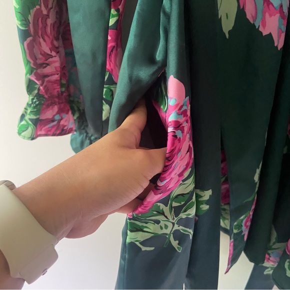 Betsey Johnson Intimates XS Luxury Floral Dark Green Kimono Robe Pockets - Picture 5 of 12